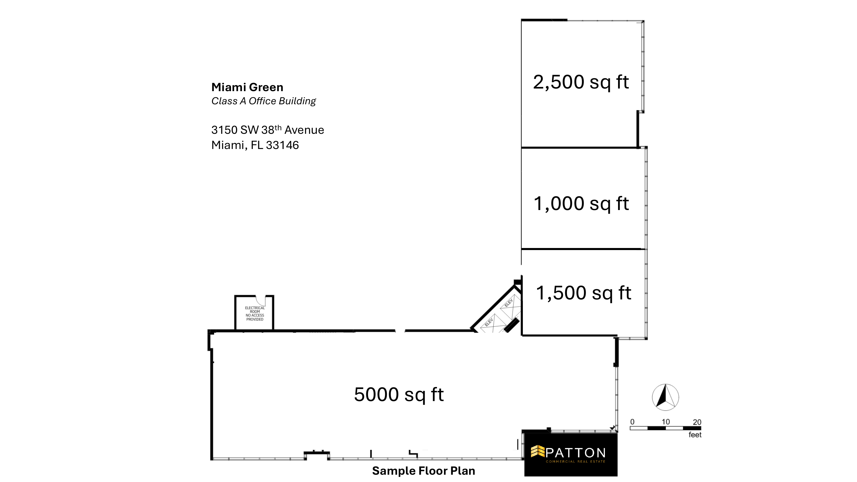 Sample Floor Plan for Miami Green showing illustrative 5,000 sq ft, 2,500 sq ft, 1,500 sq ft, and 1,000 sq ft configurations